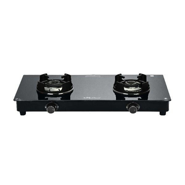 Surya Flame "BLACK PRO GLASS TOP" 2 Burner L.P.G Stove with Coated Brass Burner and Doorstep Service,  2 Years Warranty