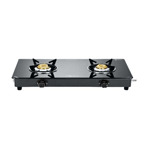 Surya Flame "MAESTRO GLASS TOP" 2 Burner L.P.G Stove with Tripin Brass Burner and Doorstep Service 2 Years Warranty