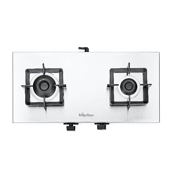 Surya Flame "VOLT SS COOKTOP" 2 Burner L.P.G Stove, 1.2mm Heavy Matt Finish Body, Rrippin Brass Burner BIS Certified and Doorstep Service 5 Years Warranty