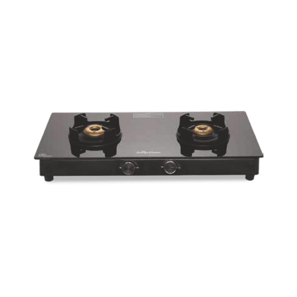 Surya Flame Black Knight 2Burner LPG Glass Gas Stove Top with Brass Burner, Flame Guard Pan Support, 2 Years Doorstep Services