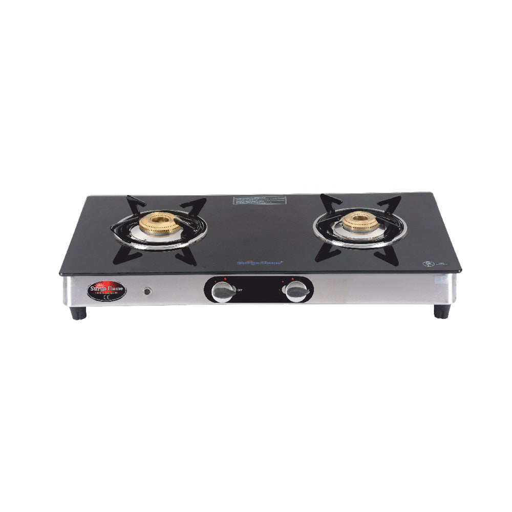 Surya Flame Excel Dual Glass top stove 2 Burner Cooktop With BIS Certified Doorstep Services 2 Years (Black)