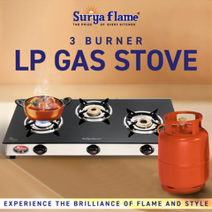 Surya Flame "ATLAS GLASS TOP" 3 Burner L.P.G Stove with Brass Burner, Doorstep Services, 2 Years Warranty