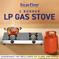 Surya Flame "ATLAS GLASS TOP" 2 Burner L.P.G Stove with Tripin Brass Burner, Sturdy Pan Supports and Doorstep Services 2 Years Warranty