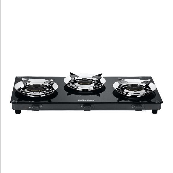 Surya Flame LPG 3 Burner GREEN Glass Gas Stove Manual Ignition LERC Brass Burners & Steel Pan Support With 5 Years Warranty