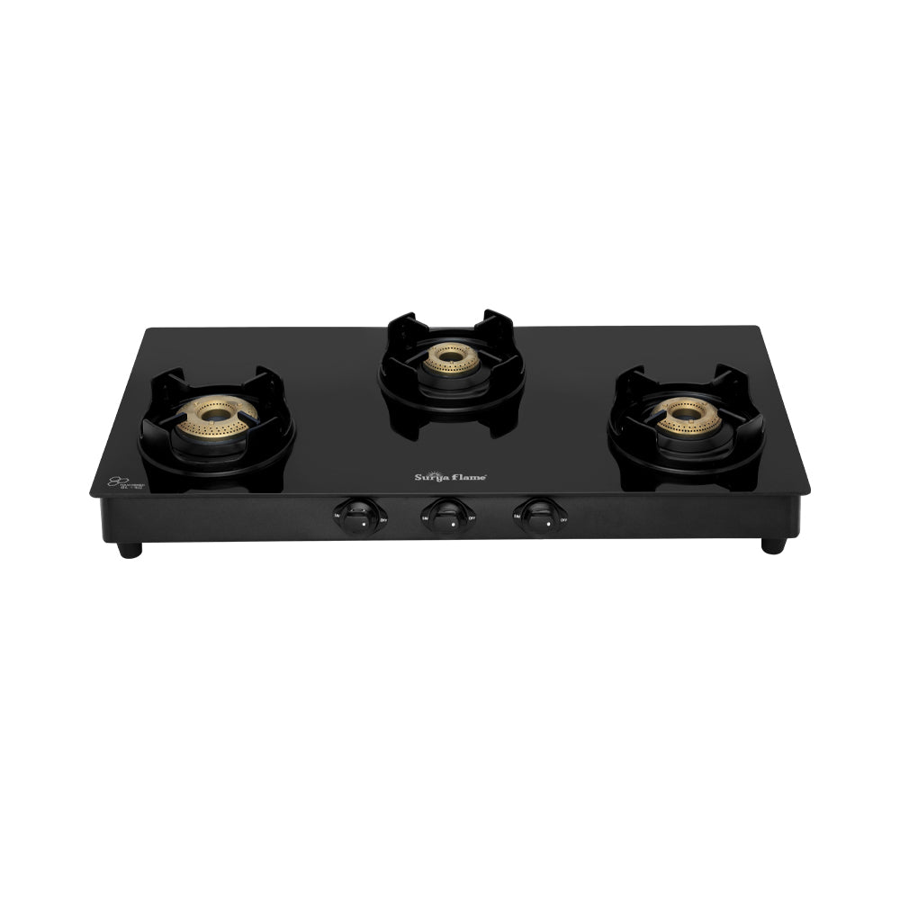 Surya Flame Black Knight 3 Burner LPG Gas Stove Glass Top with Brass Burner, Flame Guard, Pan Support 2 Years Doorstep Services