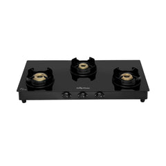 Surya Flame "BLACK KNIGHT GLASS TOP" 3 Burner L.P.G Stove with Forged Brass Burner, Flame Protection Pan Support and Doorstep Services 2 Years Warranty