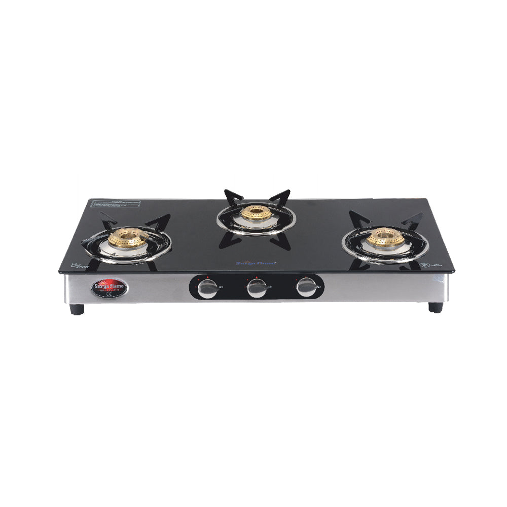 Surya Flame 3 Burner LPG Gas Stove Glass Top with Brass Burner, Flame Guard, Pan Support, Excel Dual 2 Years Doorstep Services