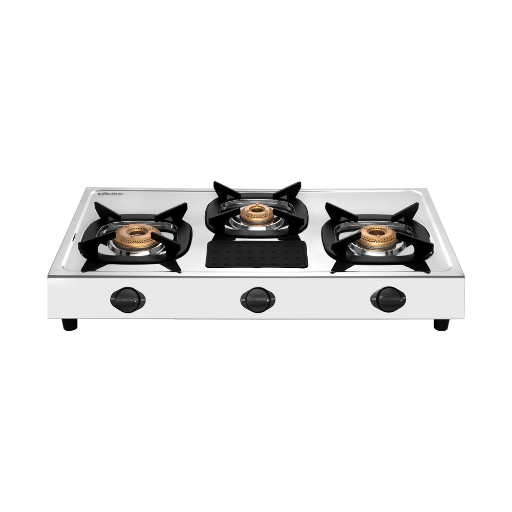 Surya Flame LPG Gas Stove 3 Burner Stainless steel Force Cooktop With BIS Certified Doorstep Warranty 2 Years (Silver)