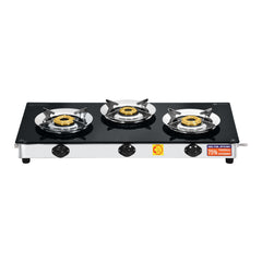 Surya Flame LPG 3 Burner Efficient Glass Gas Stove Manual Ignition Brass Burners & Steel Pan Support With 5 Years Warranty