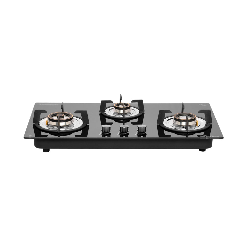 Surya Flame ORION Builtin Hob Gas stove 3 Burner Auto Ignition LPG Glass Top 8mm Thickness  (Jumbo, Medium, Small) 360 Nozzle Doorstep Services 5 Year