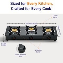 Surya Flame "SPLENDOR GLASS COOKTOP" PNG Stove 3 Burner, ISI Certified, Doorstep Services, 2 Years Warranty