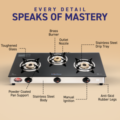 Surya Flame "ATLAS GLASS TOP" 3 Burner L.P.G Stove with Brass Burner, Doorstep Services, 2 Years Warranty