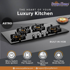 Surya Flame ASTRO Builtin Hob Gas stove 4 Burner Auto Ignition LPG Glass Top 8mm Thickness  (Jumbo, Medium, Small) 360 Nozzle Doorstep Services 5 Year