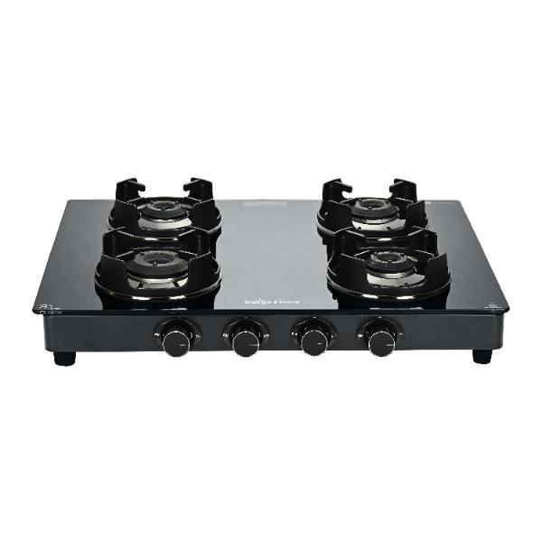 Surya Flame "BLACK PRO GLASS TOP" 4 Burner L.P.G Stove with Coated Brass Burner and Doorstep Service,  2 Years Warranty