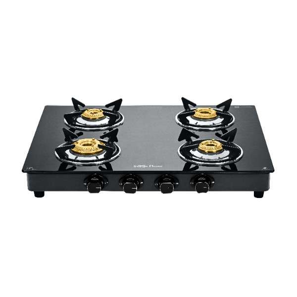 Surya Flame "MAESTRO GLASS TOP" 4 Burner L.P.G Stove with Tripin Brass Burner and Doorstep Service 2 Years Warranty
