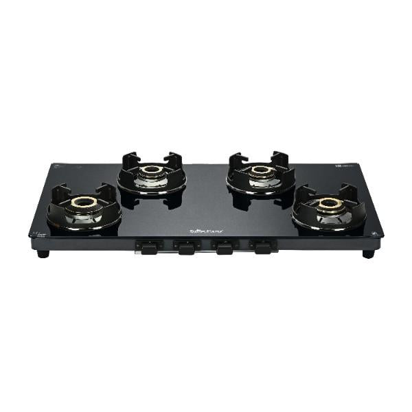 Surya Flame "NEO TURBO GLASS TOP" 4 Burner L.P.G Stove with Ultra Slim Body, 5G Brass Burner, Metal Knob, Flame protection pan support Doorstep Services with 5 Years Warranty