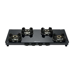 Surya Flame "NEO TURBO GLASS TOP" 4 Burner L.P.G Stove with Ultra Slim Body, 5G Brass Burner, Metal Knob, Flame protection pan support Doorstep Services with 5 Years Warranty