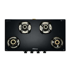 Surya Flame "NEO TURBO GLASS TOP" 4 Burner L.P.G Stove with Ultra Slim Body, 5G Brass Burner, Metal Knob, Flame protection pan support Doorstep Services with 5 Years Warranty