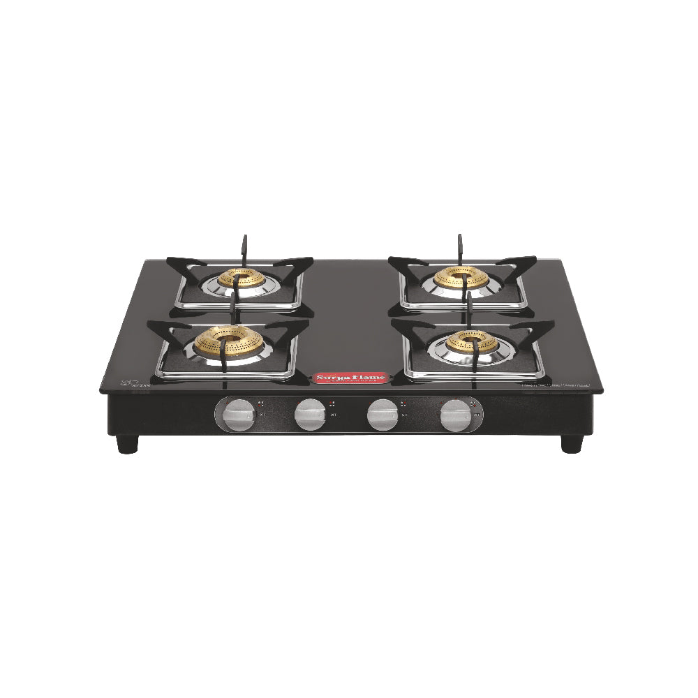 Surya Flame Glass top stove 4 Burner Manual ignition BELLO Cooktop With BIS Certified Doorstep Services 2 Years (Black)