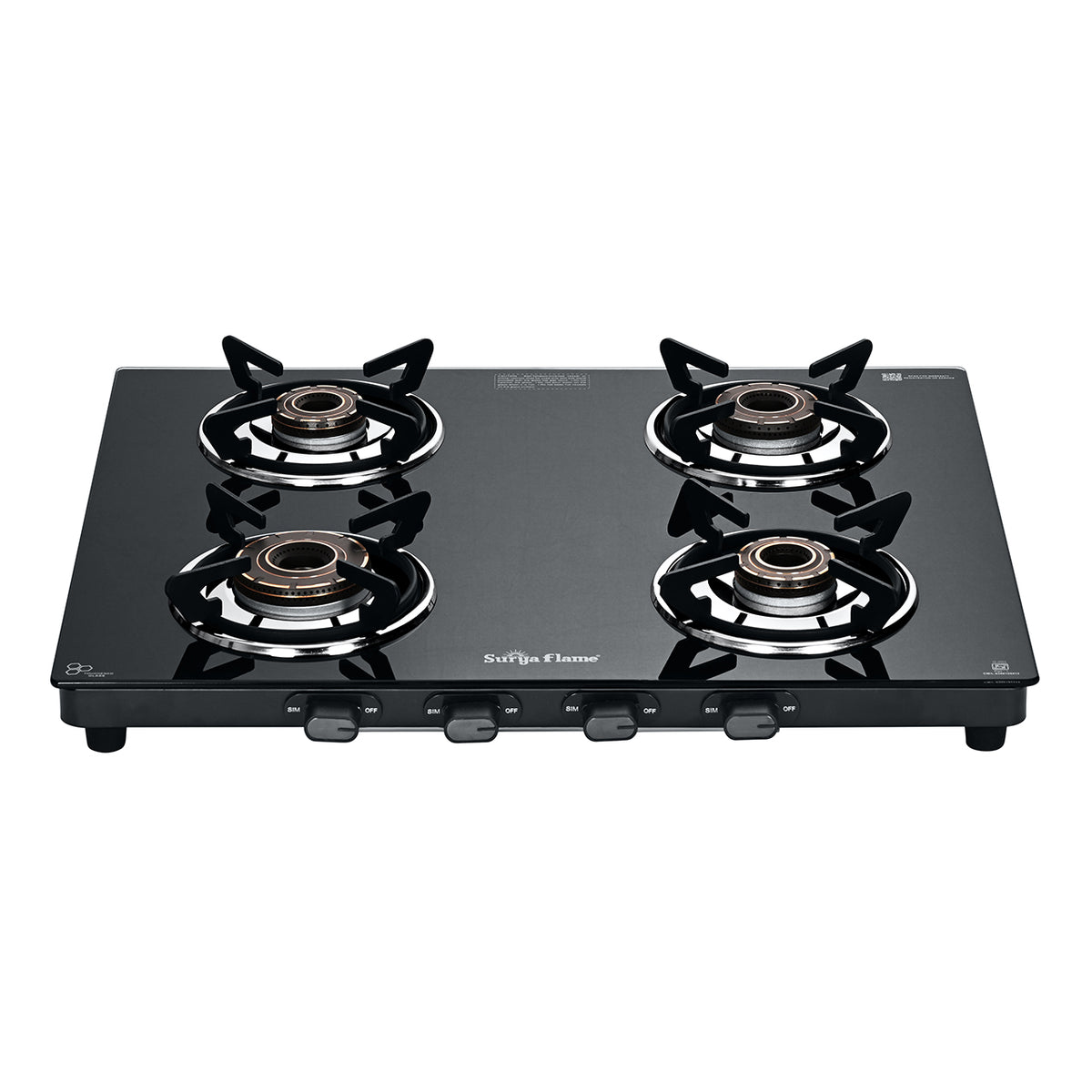 Surya Flame "CRETA PRO GLASS COOKTOP" L.P.G Stove 4 Burner, ISI Certified, Doorstep Services, 5 Years Warranty