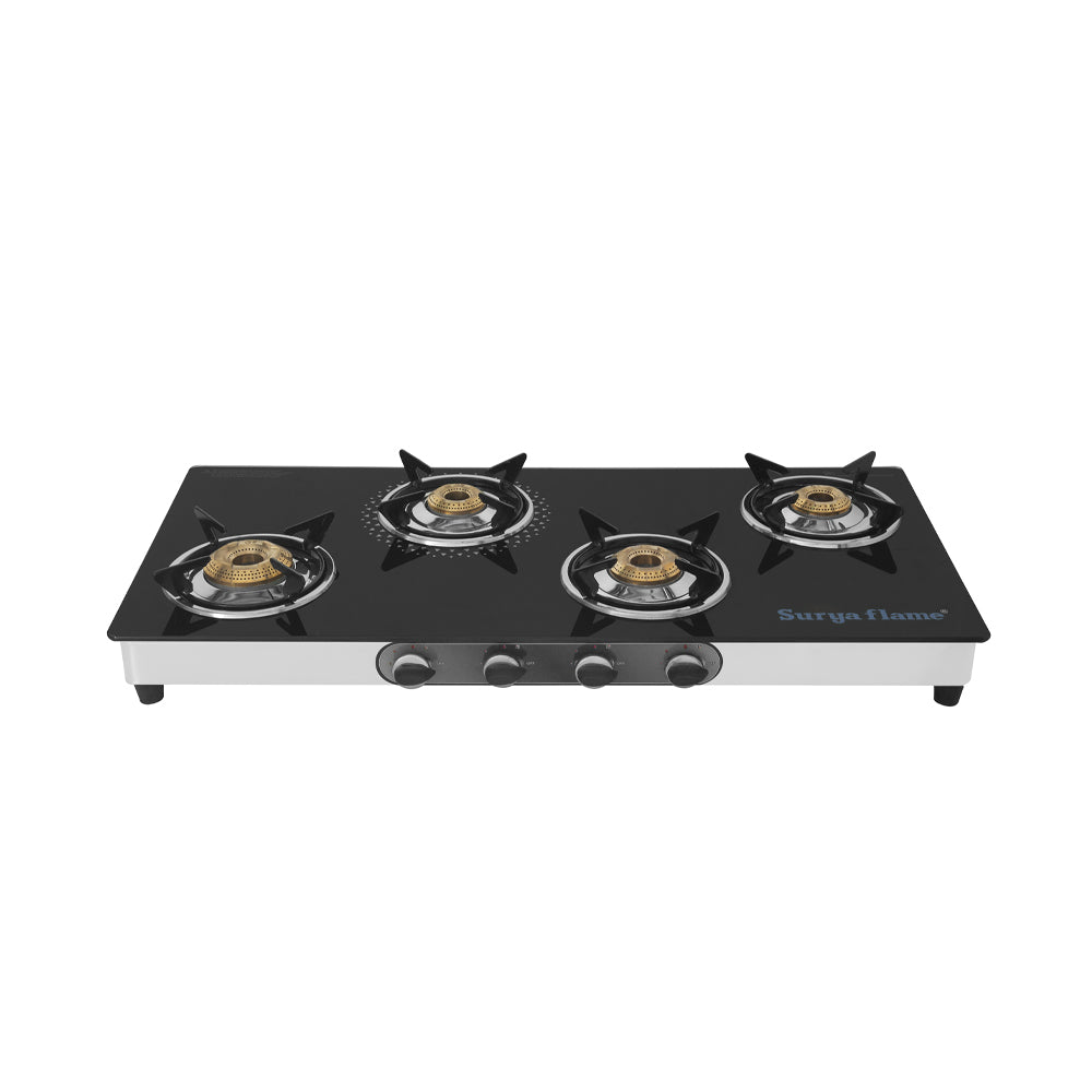 Surya Flame 4 Burner Gas Stove Top for Kitchen Manual Ignition Cooktop Glass Stove EMPEROR ISI Certified & Compatible with LPG 2 Year Manufacturer