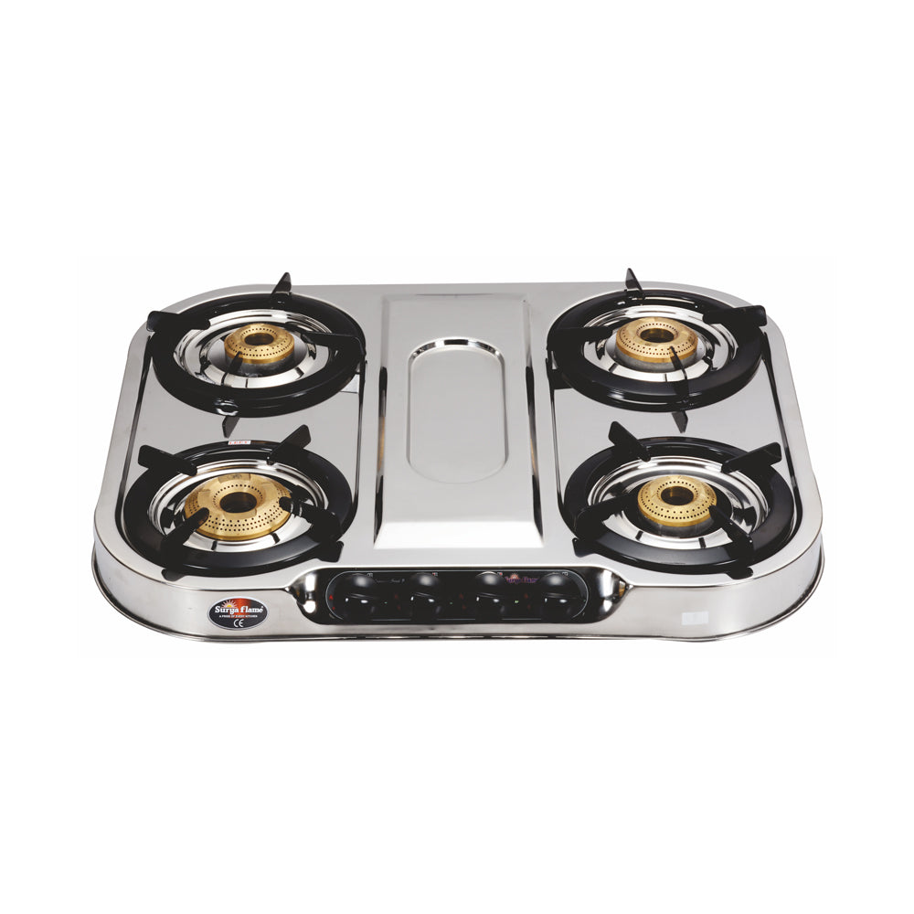 Surya Flame LPG Gas Stove 4 Burner Stainless steel NAPLES Cooktop With BIS Certified Doorstep Warranty 2 Years (Silver)