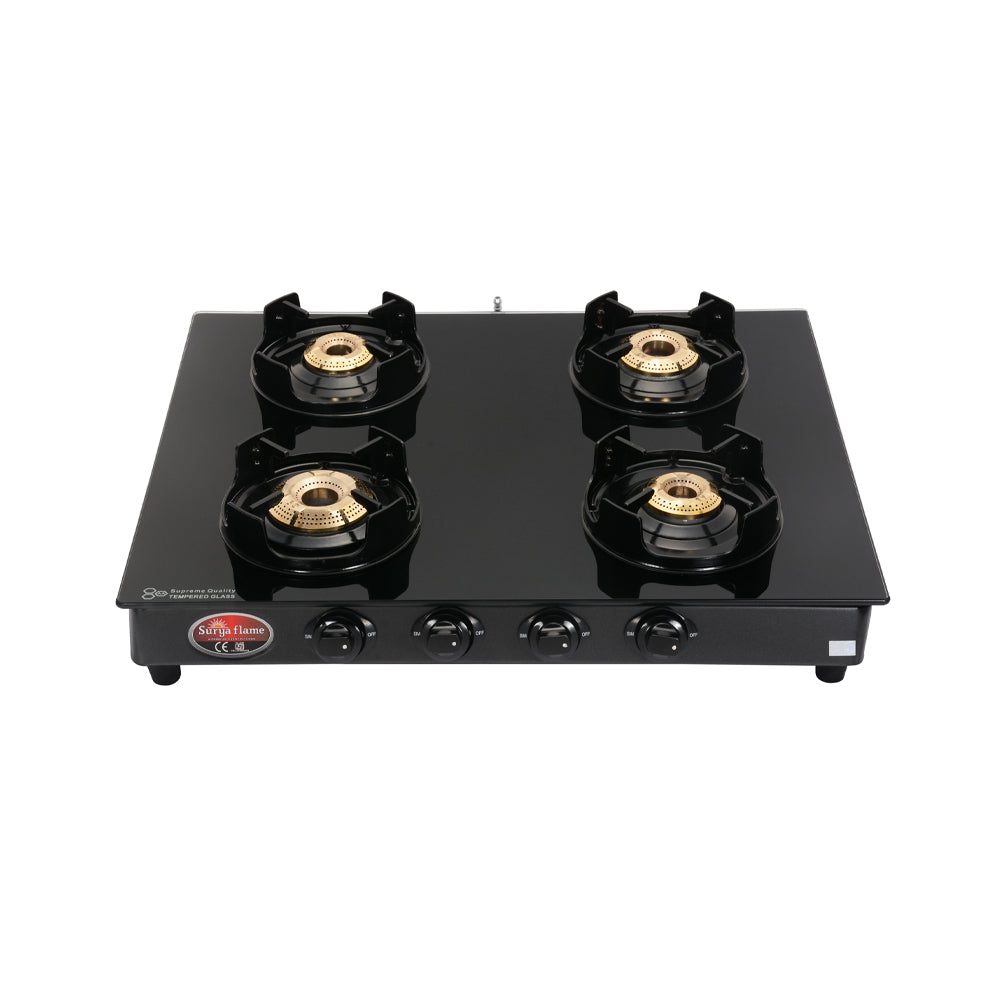 Surya Flame Black Knight 4 Burner LPG Gas Stove Glass Top with Brass Burner, Flame Guard, Pan Support  2 Years Doorstep Services