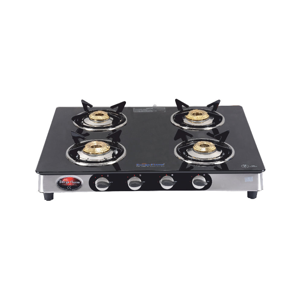 Surya Flame "EXCEL DUAL GLASS TOP" 4 Burner L.P.G Stove with Tripin Brass Burner, Sturdy Pan Support and Doorstep Service 5 Years Warranty (Copy)