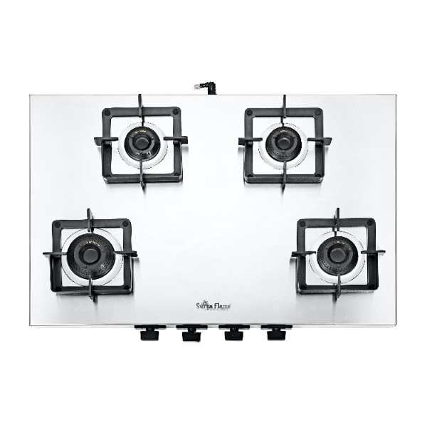 Surya Flame "VOLT SS COOKTOP" 4 Burner L.P.G Stove, 1.2mm Heavy Matt Finish Body, Rrippin Brass Burner BIS Certified and Doorstep Service 5 Years Warranty