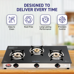 Surya Flame "ATLAS GLASS TOP" 3 Burner L.P.G Stove with Brass Burner, Doorstep Services, 2 Years Warranty