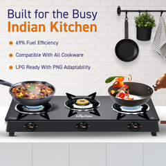 Surya Flame "SPLENDOR GLASS COOKTOP" PNG Stove 3 Burner, ISI Certified, Doorstep Services, 2 Years Warranty