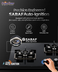 Surya Flame Galaxy 4 Burner Hob | Italian Sabaf Burners, Gas Valve, Mixing Tube & Auto Ignition | 8mm Glass | Metal Knobs & PVD Coated SS Drip Tray Flame Protection Pan Support | 5 Years Warranty
