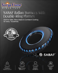 Surya Flame Galaxy 3 Burner Hob | Italian Sabaf Burners, Gas Valve, Mixing Tube & Auto Ignition | 8mm Glass | Metal Knobs & PVD Coated SS Drip Tray Flame Protection Pan Support | 5 Years Warranty