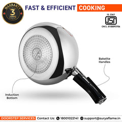 Surya Flame Stainless Steel 5 Litre Pressure Cooker with Inner Lid, Magma Gas & Induction Compatible, ISI Certified (Silver), 3-Year Doorstep Warranty