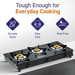 Surya Flame "SPLENDOR GLASS COOKTOP" PNG Stove 3 Burner, ISI Certified, Doorstep Services, 2 Years Warranty