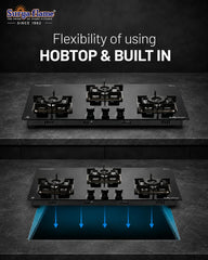 Surya Flame Galaxy 3 Burner Hob | Italian Sabaf Burners, Gas Valve, Mixing Tube & Auto Ignition | 8mm Glass | Metal Knobs & PVD Coated SS Drip Tray Flame Protection Pan Support | 5 Years Warranty
