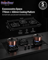 Surya Flame Galaxy 3 Burner Hob | Italian Sabaf Burners, Gas Valve, Mixing Tube & Auto Ignition | 8mm Glass | Metal Knobs & PVD Coated SS Drip Tray Flame Protection Pan Support | 5 Years Warranty