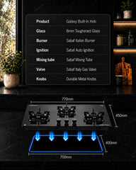 Surya Flame Galaxy 3 Burner Hob | Italian Sabaf Burners, Gas Valve, Mixing Tube & Auto Ignition | 8mm Glass | Metal Knobs & PVD Coated SS Drip Tray Flame Protection Pan Support | 5 Years Warranty