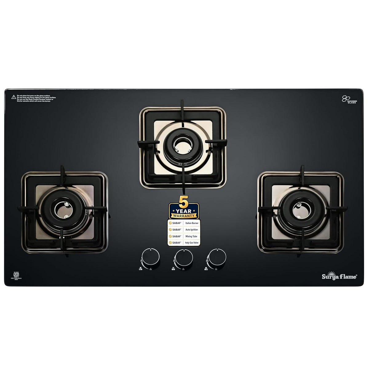 Surya Flame Galaxy 3 Burner Hob | Italian Sabaf Burners, Gas Valve, Mixing Tube & Auto Ignition | 8mm Glass | Metal Knobs & PVD Coated SS Drip Tray Flame Protection Pan Support | 5 Years Warranty