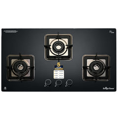 Surya Flame Galaxy 3 Burner Hob | Italian Sabaf Burners, Gas Valve, Mixing Tube & Auto Ignition | 8mm Glass | Metal Knobs & PVD Coated SS Drip Tray Flame Protection Pan Support | 5 Years Warranty