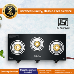 Surya Flame "SPLENDOR GLASS COOKTOP" PNG Stove 3 Burner, ISI Certified, Doorstep Services, 2 Years Warranty