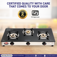 Surya Flame "ATLAS GLASS TOP" 3 Burner L.P.G Stove with Brass Burner, Doorstep Services, 2 Years Warranty