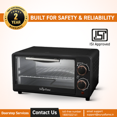 Surya Flame Zolo OTG (10Liters) with Temperature Selection 800 W, Powder Coated Finish, Includes Baking Pan, SS Grill Tray (Black, Silver) 800 watts