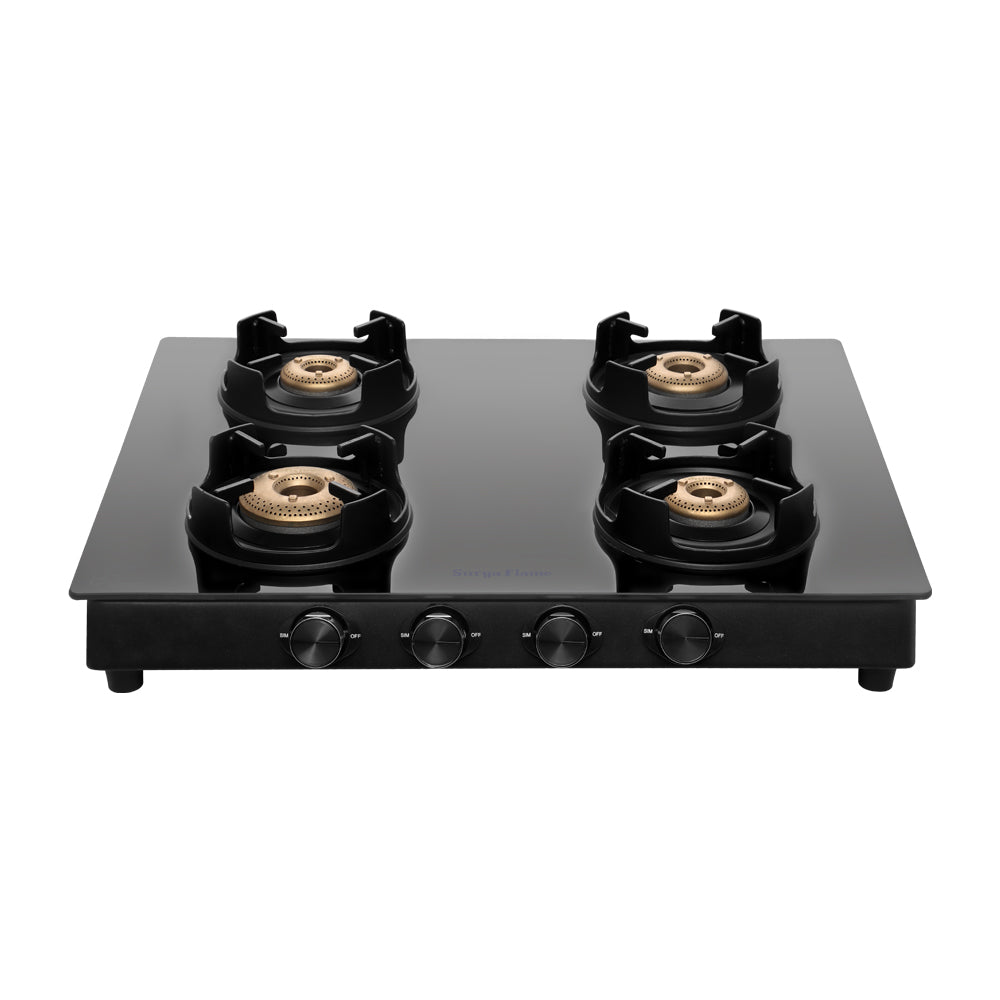 Surya Flame Black Knight 4 Burner LPG Gas Stove Glass Top with Brass Burner, Flame Guard, Pan Support  2 Years Doorstep Services