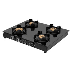 Surya Flame Black Knight 4 Burner LPG Gas Stove Glass Top with Brass Burner, Flame Guard, Pan Support  2 Years Doorstep Services