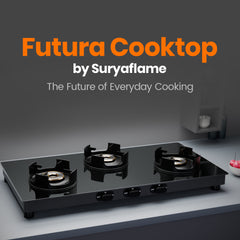 Surya Flame "Futura GLASS TOP" 3 Burner L.P.G Stove with Ultra Slim Body, 5G Burners, Flame Protection Pan Support with 5 Years Warranty