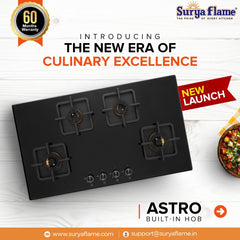 Surya Flame ASTRO Builtin Hob Gas stove 4 Burner Auto Ignition LPG Glass Top 8mm Thickness  (Jumbo, Medium, Small) 360 Nozzle Doorstep Services 5 Year