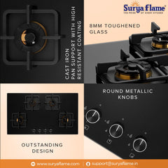 Surya Flame ASTRO Builtin Hob Gas stove 4 Burner Auto Ignition LPG Glass Top 8mm Thickness  (Jumbo, Medium, Small) 360 Nozzle Doorstep Services 5 Year