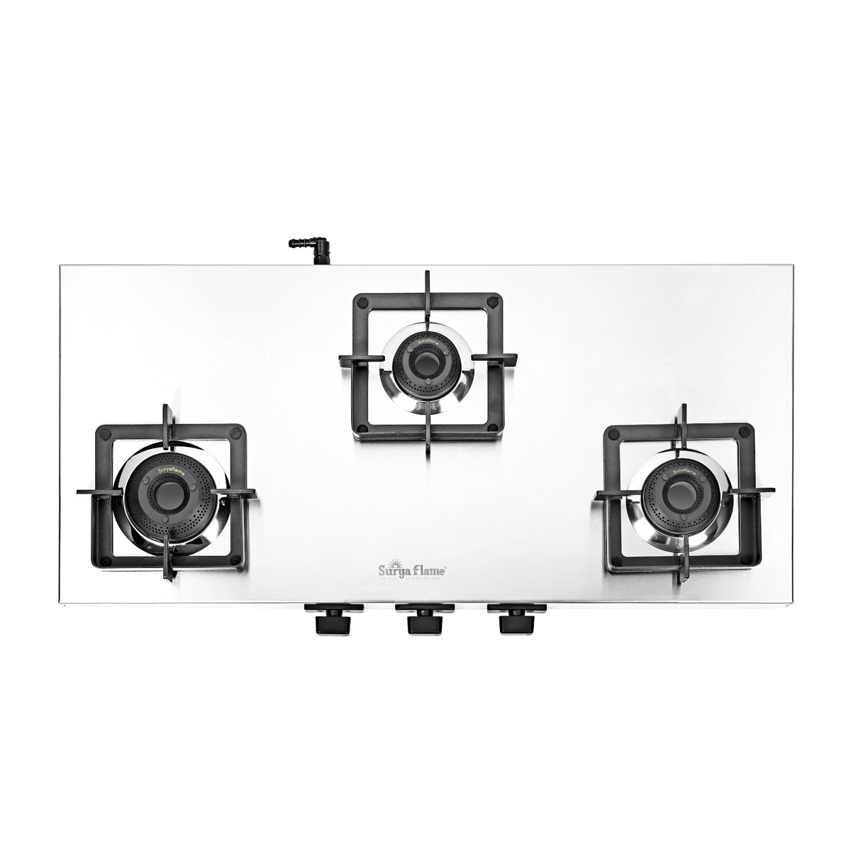 Surya Flame "VOLT SS COOKTOP" 3 Burner L.P.G Stove, 1.2mm Heavy Matt Finish Body, Rrippin Brass Burner BIS Certified and Doorstep Service 5 Years Warranty