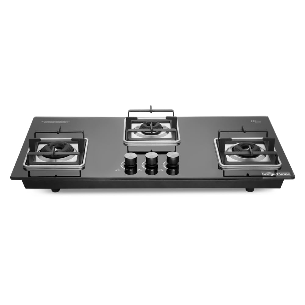 Surya Flame ADORE Hob Top 3 Burner Auto Ignition Glass Top LPG Gas Stove with (Jumbo, Medium, Small) Doorstep Warranty with 5 Year